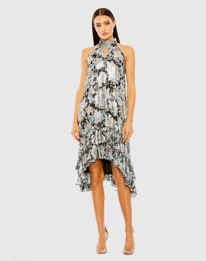 Mac Duggal 9314 Black Floral High Neck Keyhole Ruffle Mini Dress