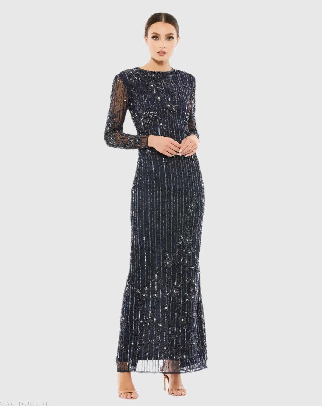Mac Duggal 93626 Embellished High Neck Illusion Long Sleeve Gown