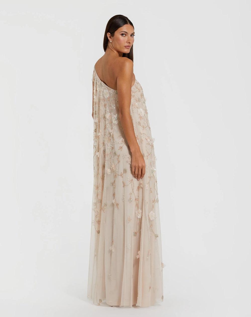 Beige One Shoulder Floral Embellished Trapeze Gown - FOSTANI.com
