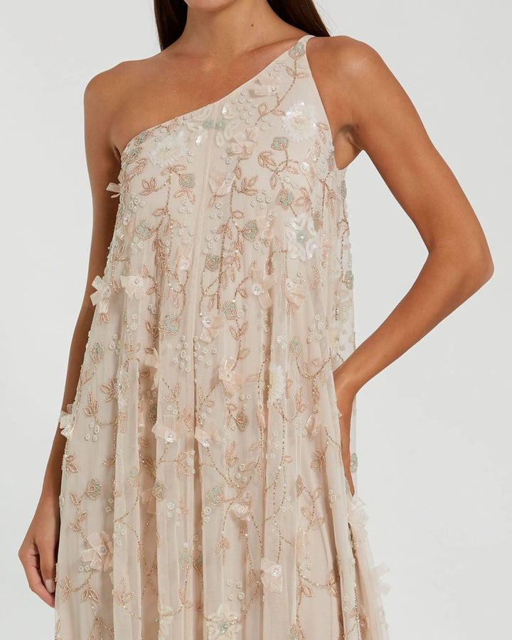 Beige One Shoulder Floral Embellished Trapeze Gown - FOSTANI.com