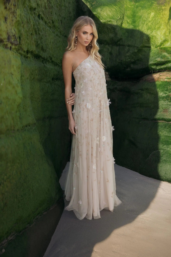 Beige One Shoulder Floral Embellished Trapeze Gown - FOSTANI.com