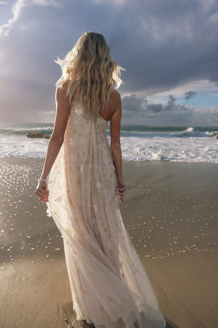 Beige One Shoulder Floral Embellished Trapeze Gown - FOSTANI.com