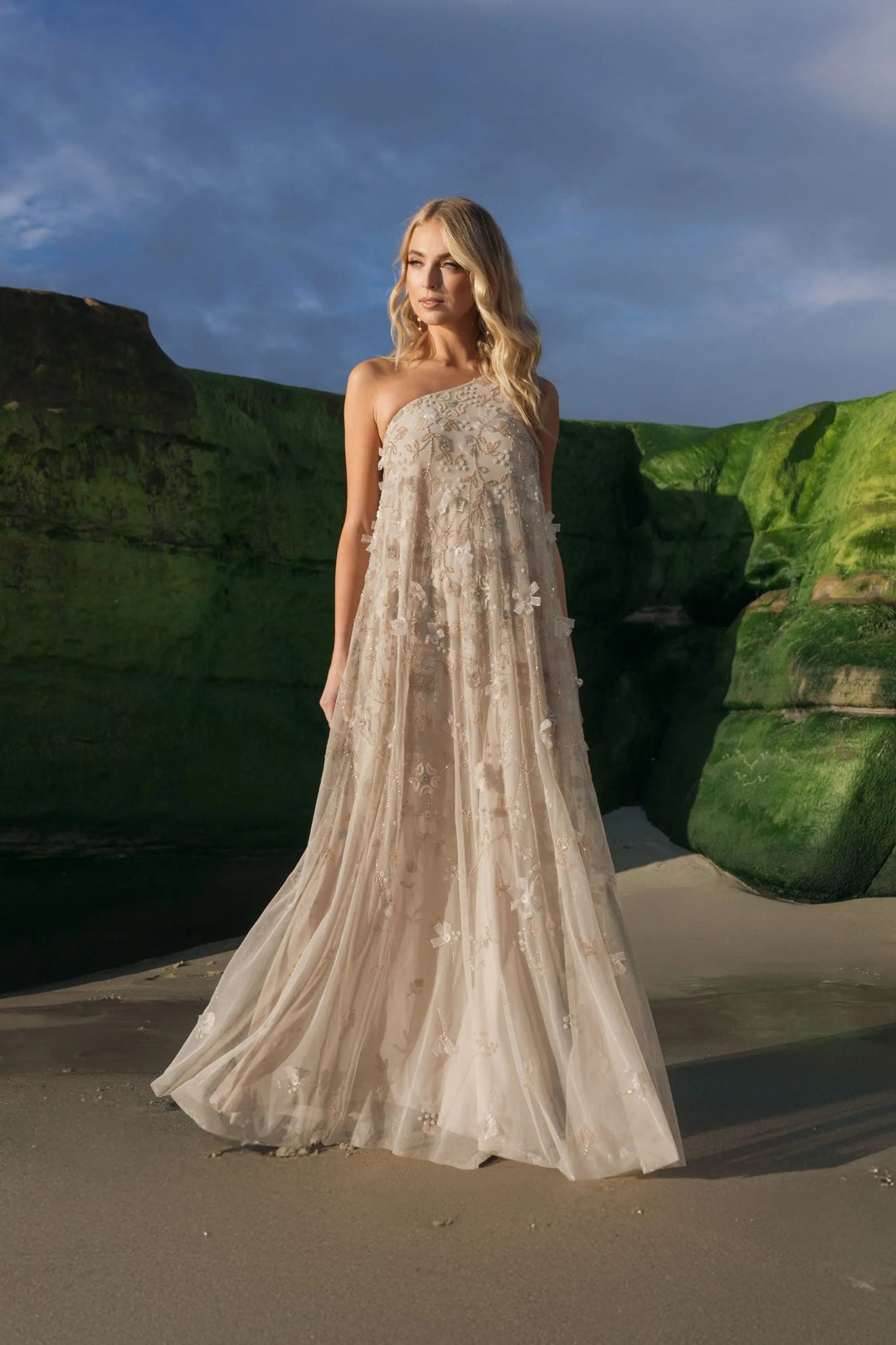 Beige One Shoulder Floral Embellished Trapeze Gown - FOSTANI.com