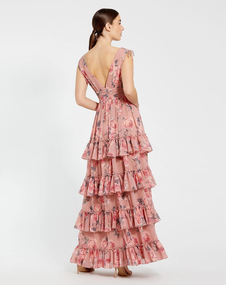Mac Duggal 9386 Drawstring Shoulder Chiffon Tiered Floral Dress