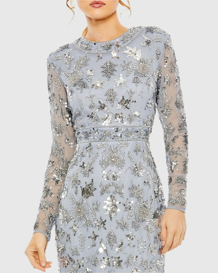 Mac Duggal 93939 Blue High Neck Long Sleeve Embellished Column Gown