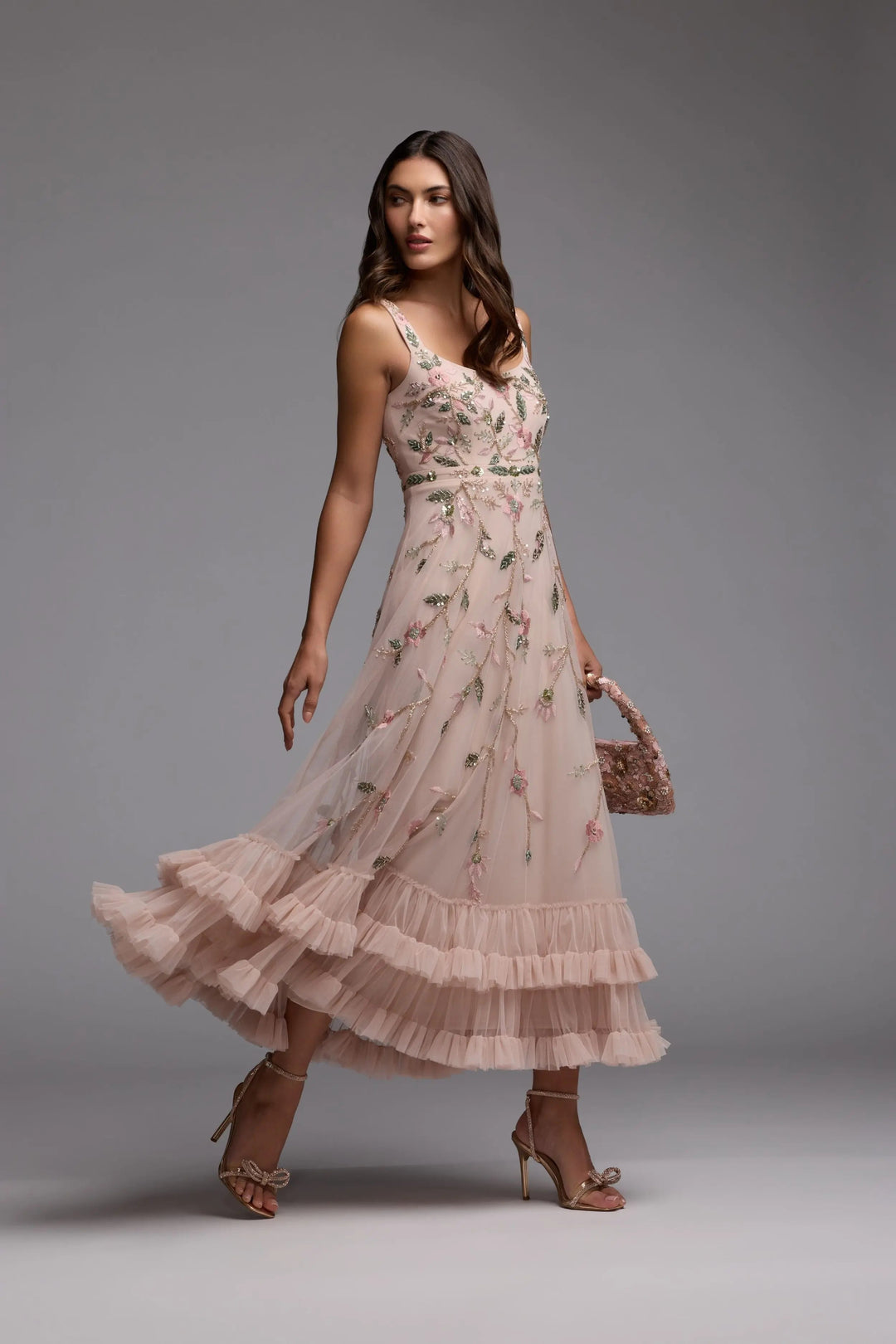 Pink Ruffle Midi Dress with Floral Embroidery - FOSTANI.com