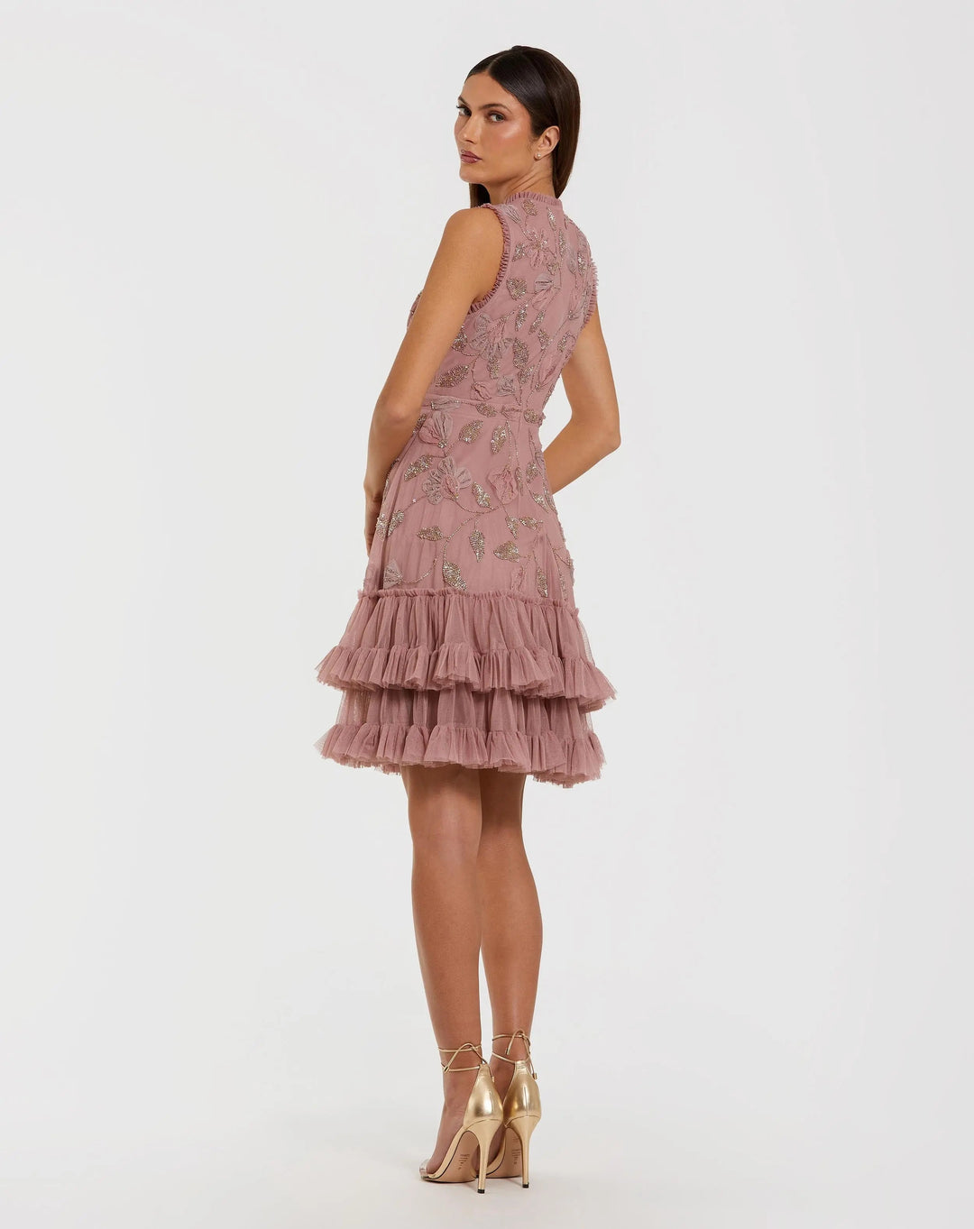 Pink High Neck Sleeveless Beaded Dress With Ruffled Hem - FOSTANI.com