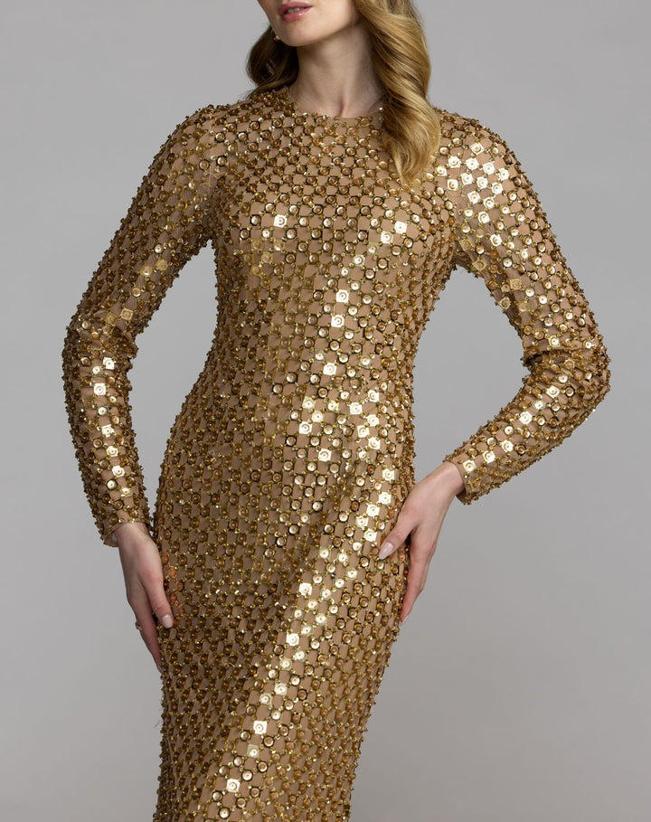 Mac Duggal 94136 Geometric Sequin Long Sleeve Column Gown