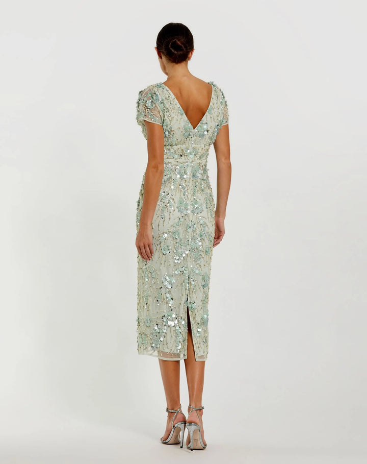 Green Embellished Cap Sleeve Midi Dress - FOSTANI.com