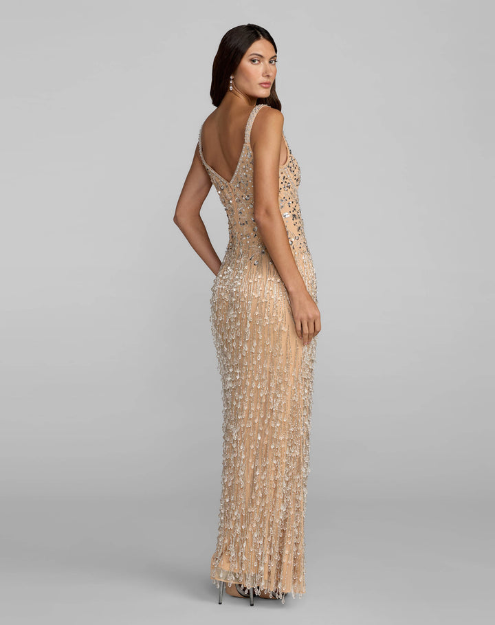 Mac Duggal 94207 Beige Beaded Fringe Column Gown With Slit