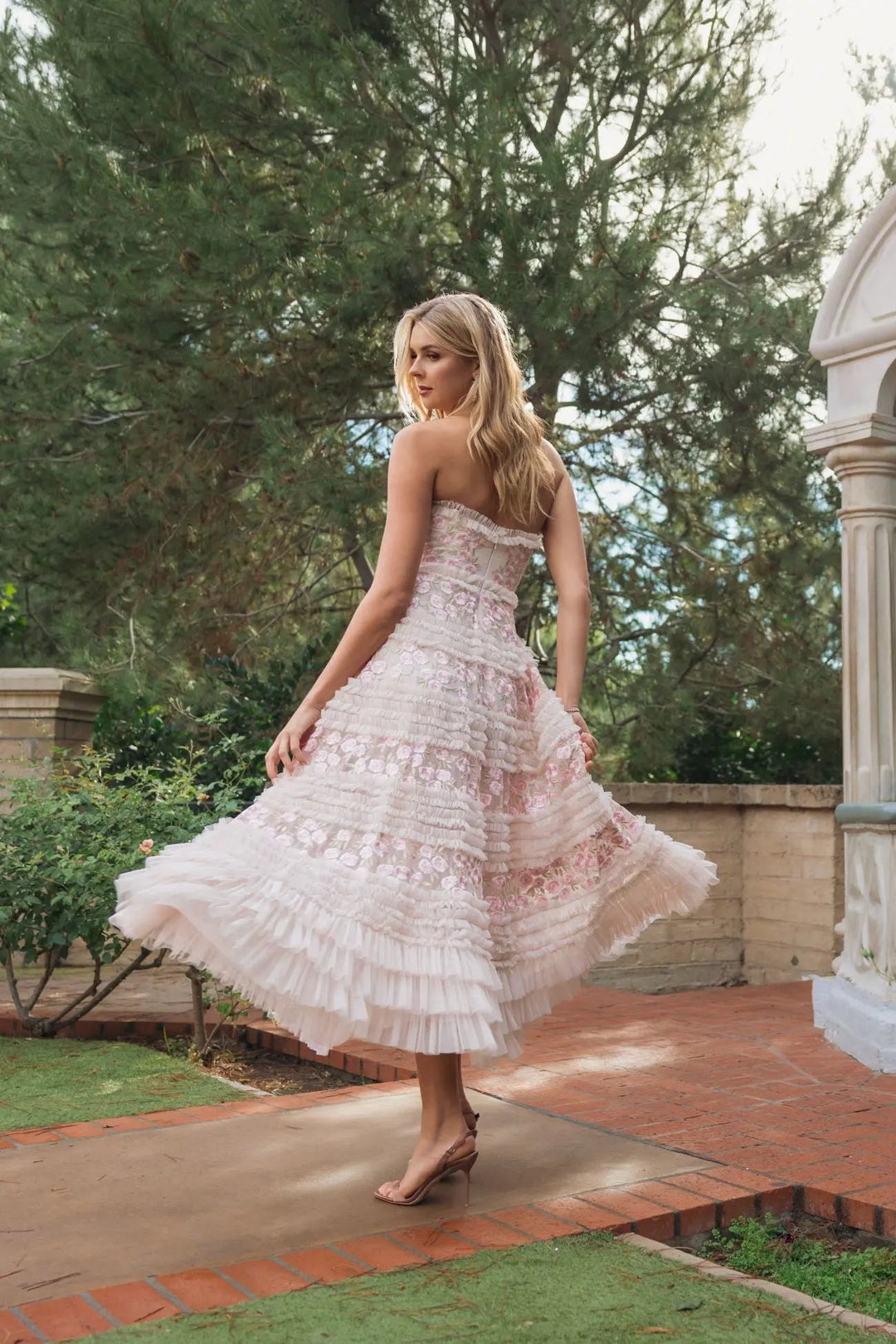 Pink Floral Embroidered Strapless Ruffle Maxi Dress - FOSTANI.com