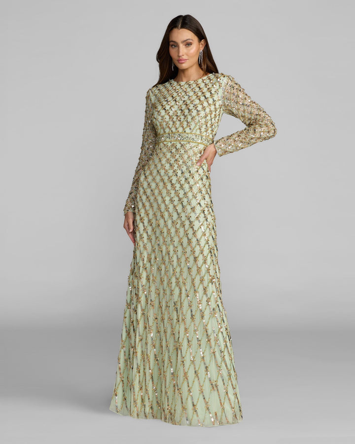 Mac Duggal 94318	Sage Green Long Sleeve High Neck Embellished Gown