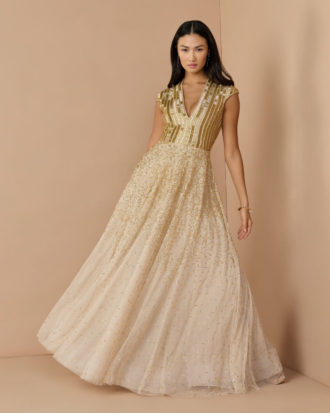 Mac Duggal 94386 V-Neck Beaded Tulle A-Line Gown