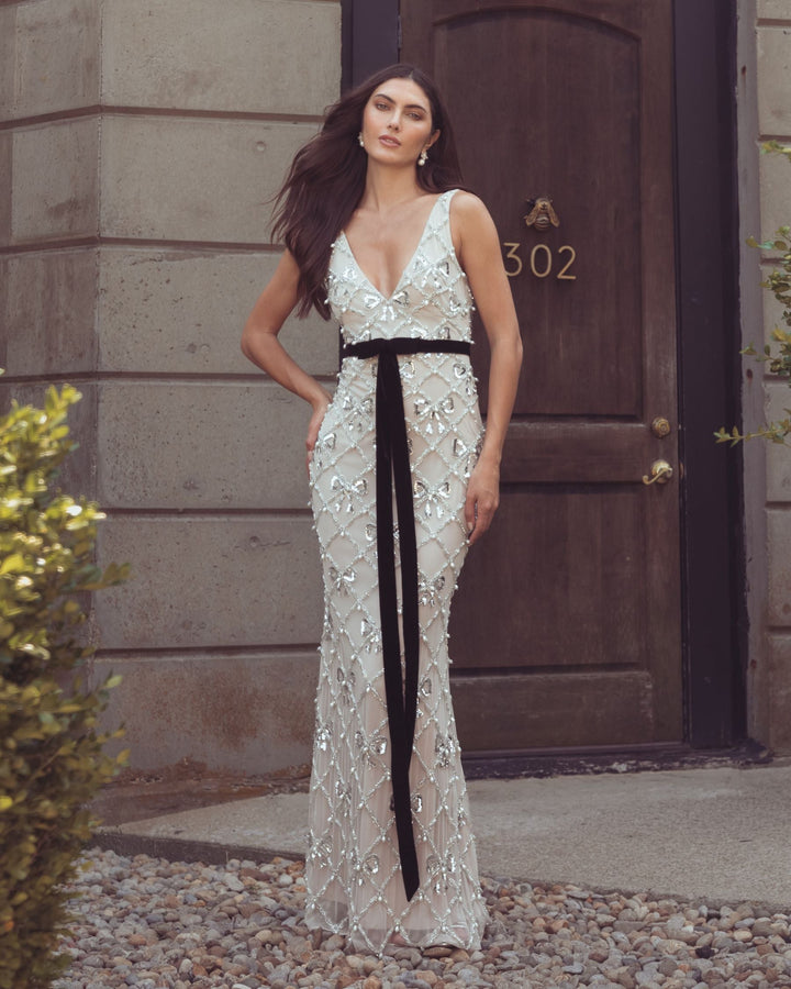 Mac Duggal 94390 Beaded Bow Sleeveless V-Neck Gown