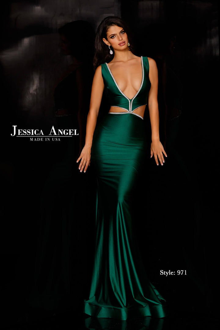 Jessica Angel 971 plunging V-neck cutout mermaid gown front view
