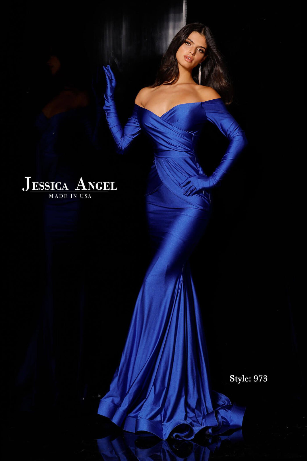 Jessica Angel 973 off shoulder long sleeve jersey mermaid gown front view