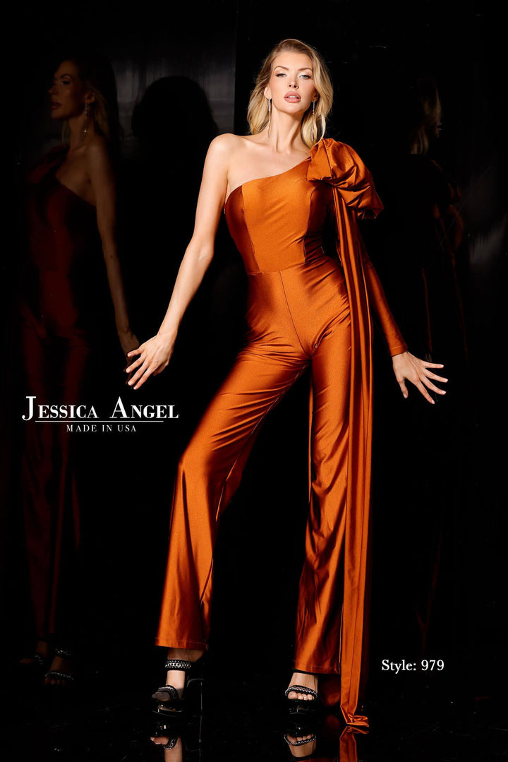 Jessica Angel 979 one shoulder jersey jumpsuit with drape front view