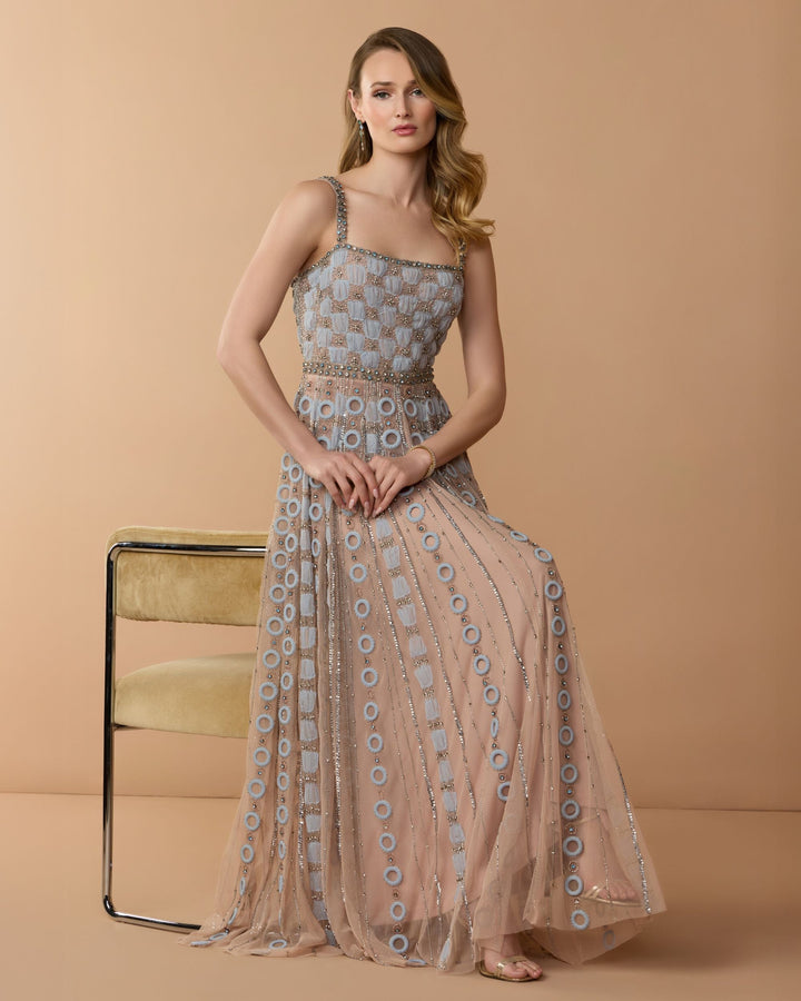 Mac Duggal  9910106P Petite Light Blue Sleeveless Embellished A-line Gown - FOSTANI.com