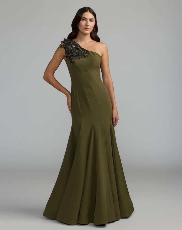 Mac Duggal 11810 Crepe One Shoulder Gown With Crystal Flower