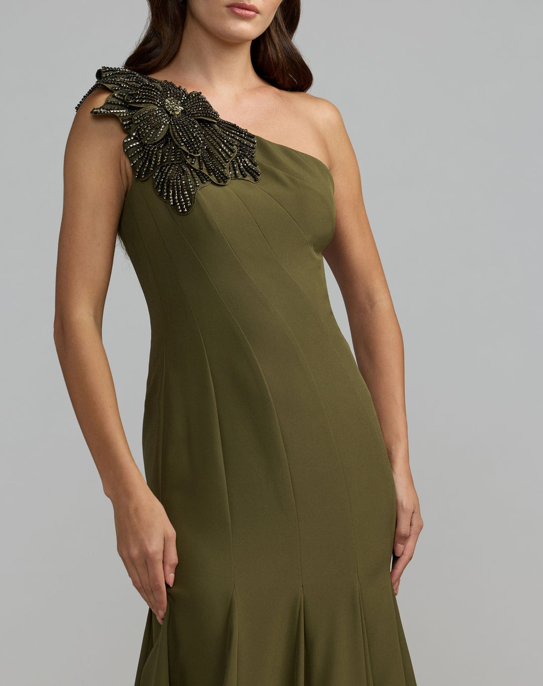 Mac Duggal 11810 Crepe One Shoulder Gown With Crystal Flower