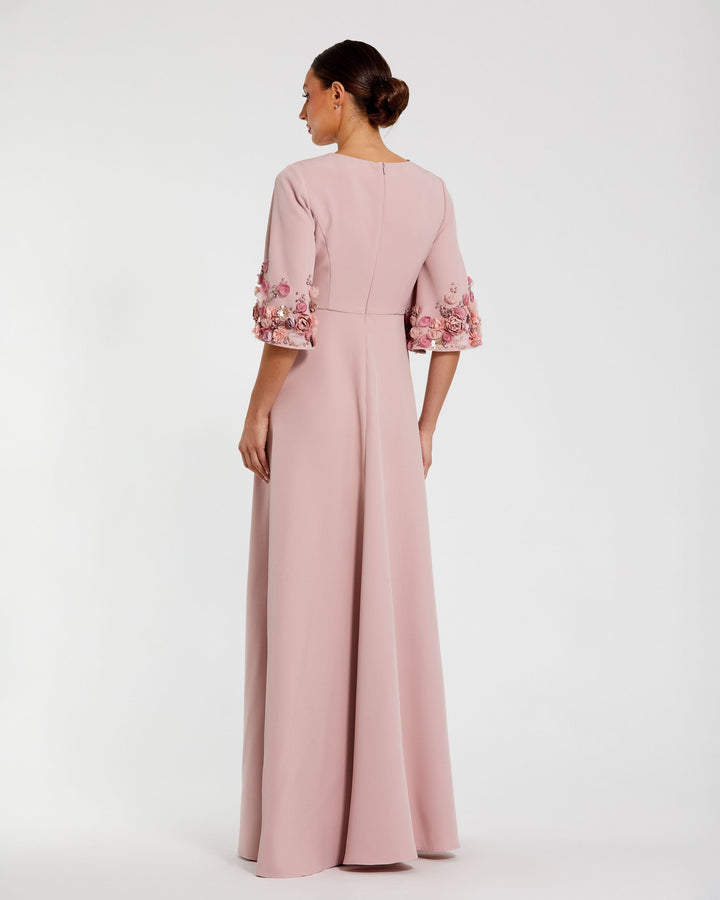 Mac Duggal 9911854P Petite Pink Crepe 3/4 Sleeve A-line Gown With Flower Trim