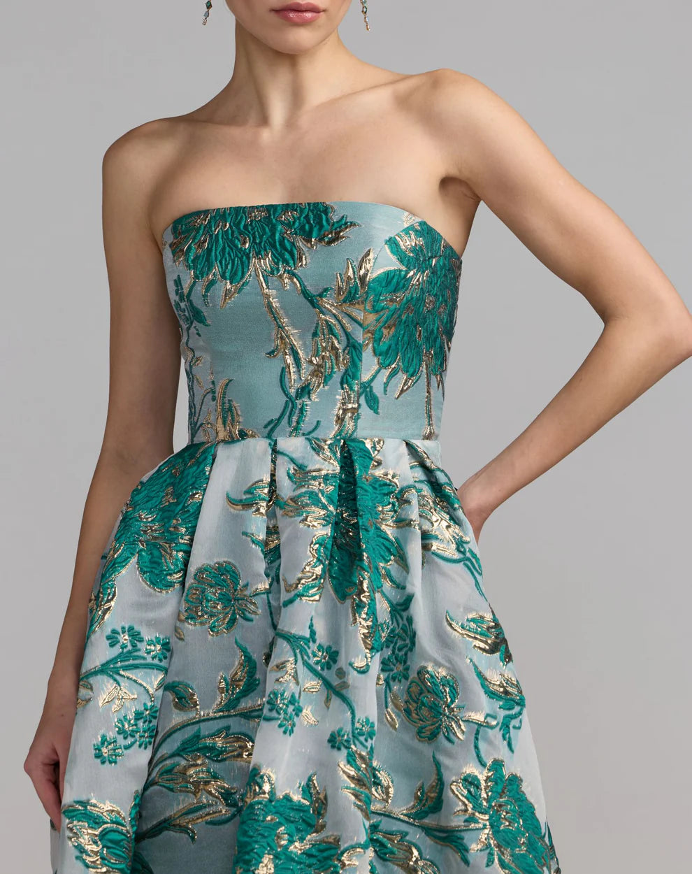 Mac Duggal 9920716P Petite Gold Strapless Brocade Midi Dress with Pockets