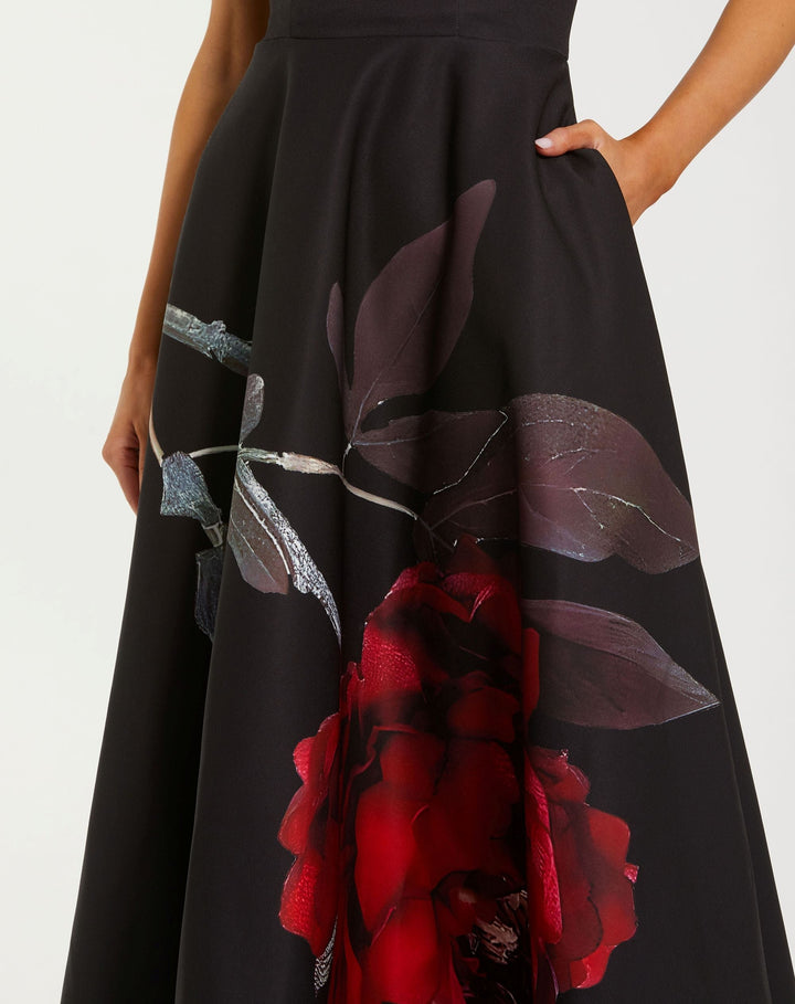 Mac Duggal 21152 Strapless Satin Floral Embroidered A-Line Gown