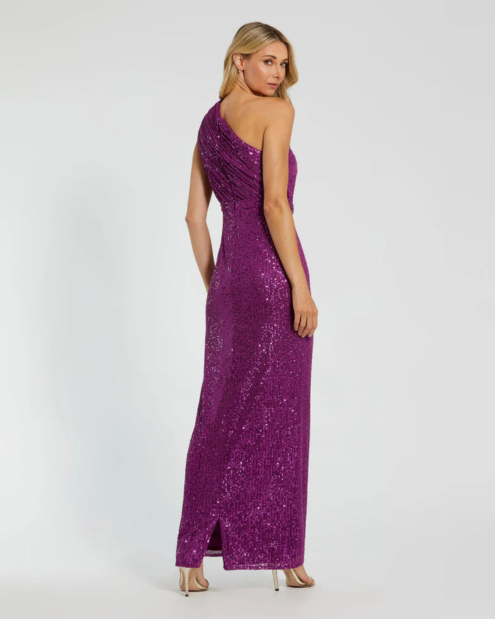 Mac Duggal 9926694P Petite Dark Green Sequined Ruched One Shoulder Gown