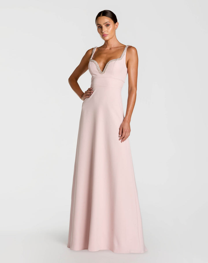 Mac Duggal 9927633P Petite Light Pink Crepe A-Line Gown With Rhinestone Trim