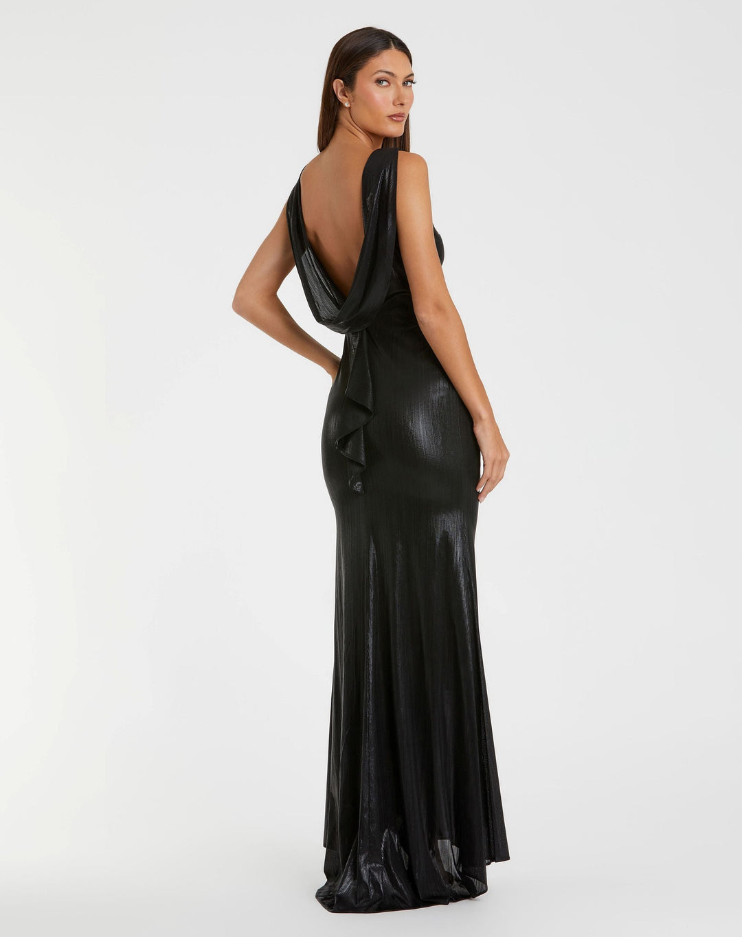 Mac Duggal 9949087P Petite Black Metallic Jersey Cowl Back Column Gown