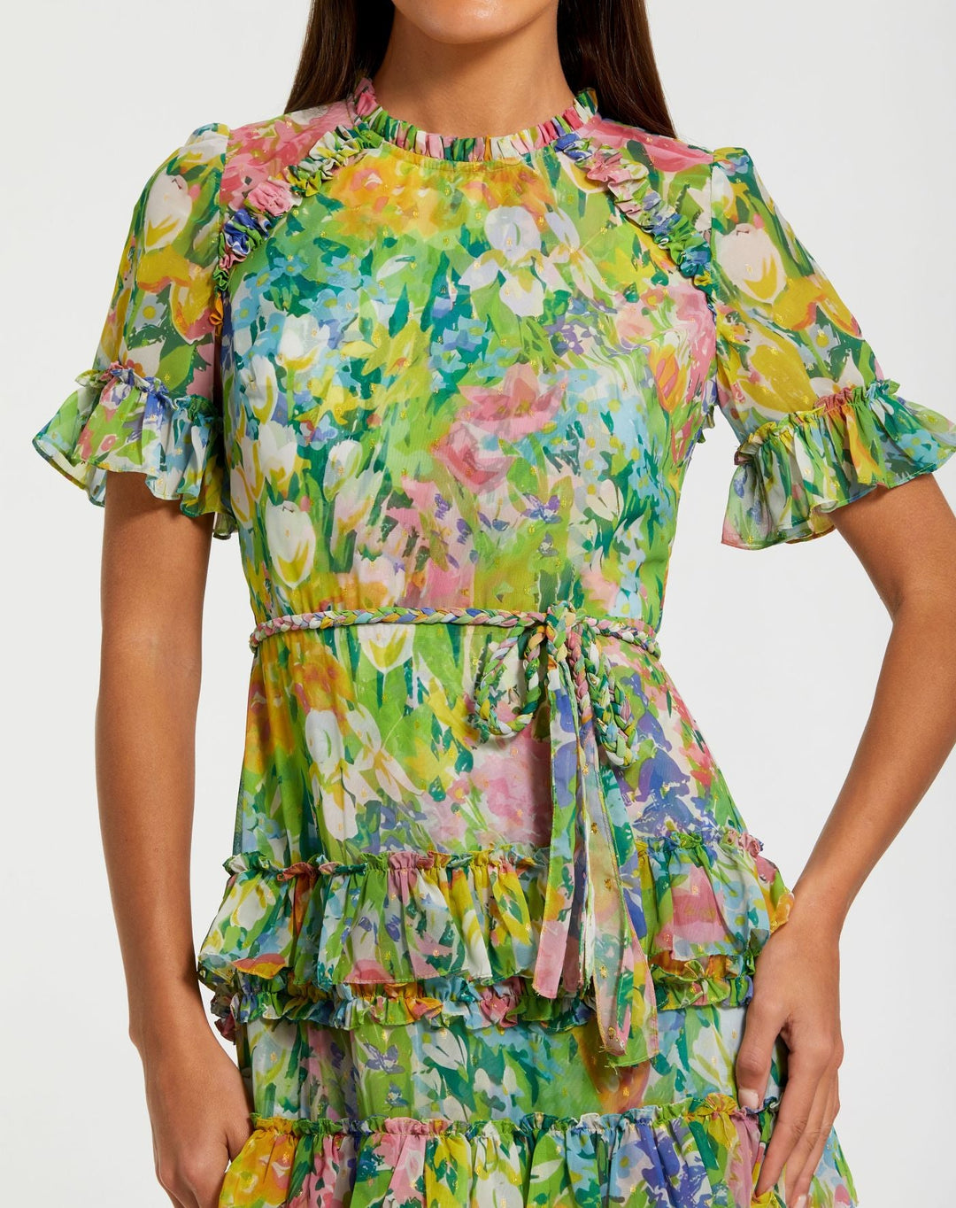 Petite Green Ruffle Tiered Chiffon Floral Dress - FOSTANI.com