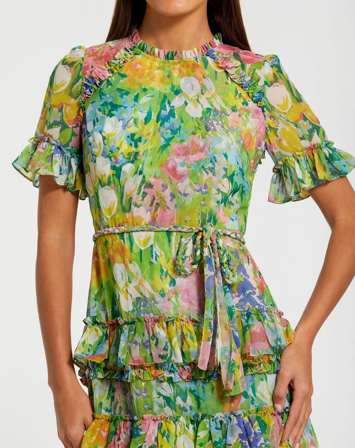 Petite Green Ruffle Tiered Chiffon Floral Dress - FOSTANI.com