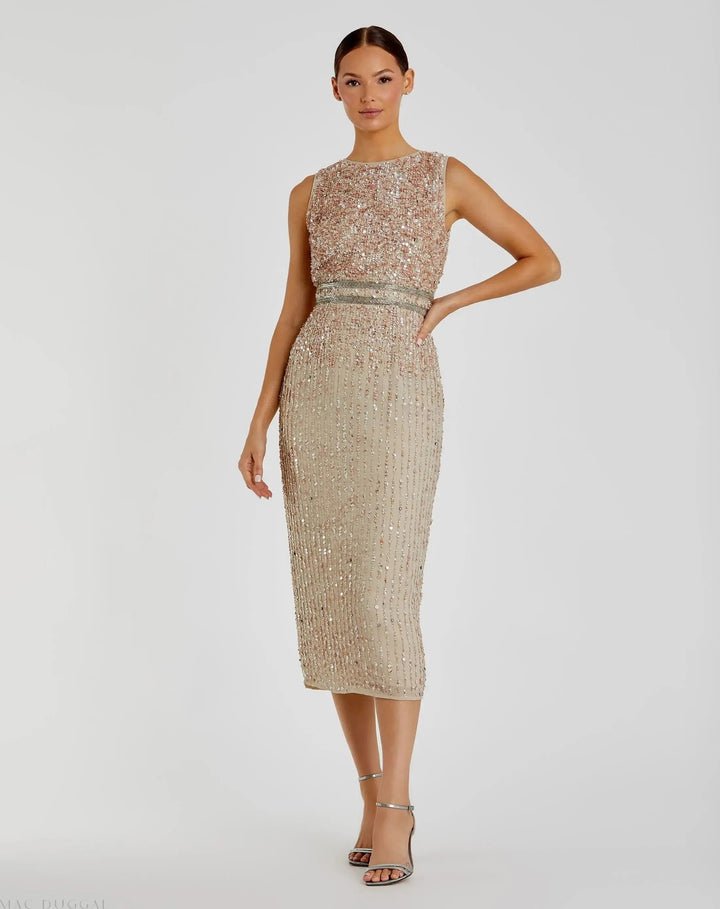 Mac Duggal A10509 Nude Sleeveless High Neck Beaded Midi Sheath Dress