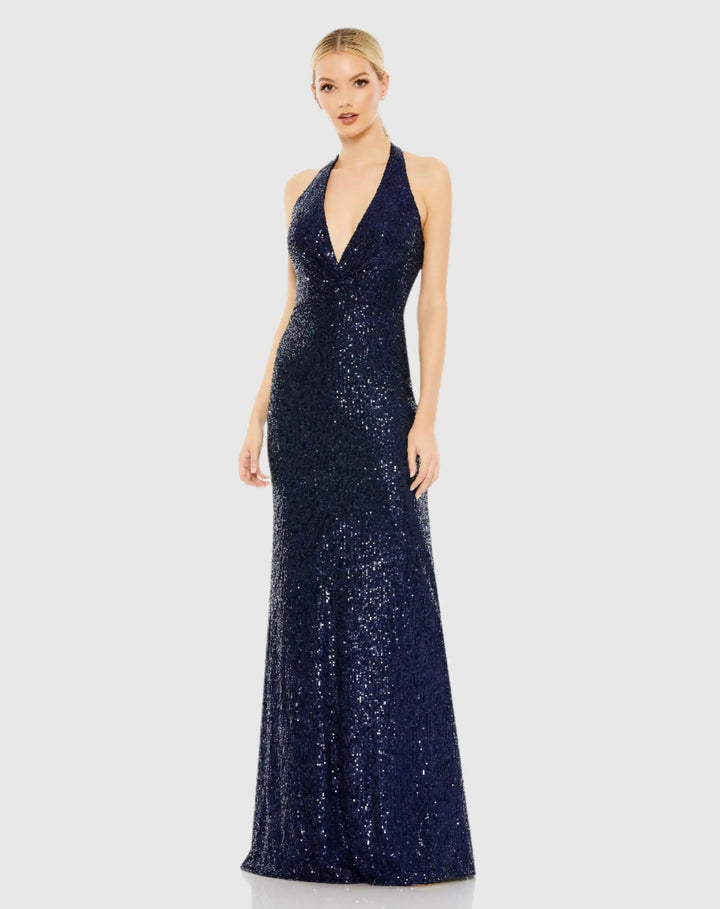 Mac Duggal A1127 Sequined Halter Strap Plunge Neck Gown