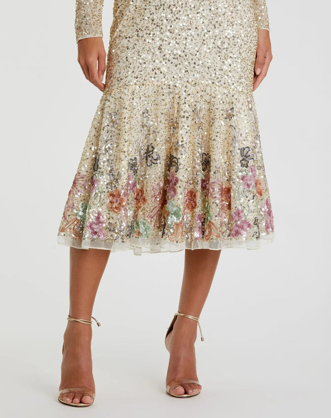 Mac Duggal A5589 Gold Multicolor Faux Wrap Long Sleeve Tea Length Dress - FINAL SALE