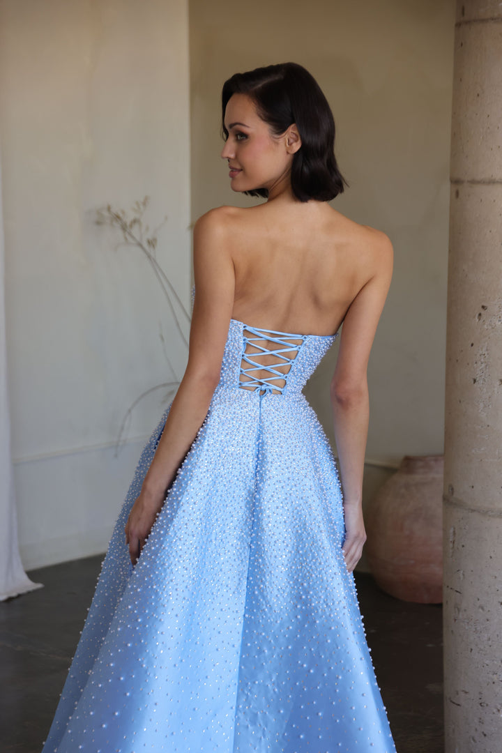 Ava Presley 42500 - Strapless Beaded Blush A Line Gown - FOSTANI.com