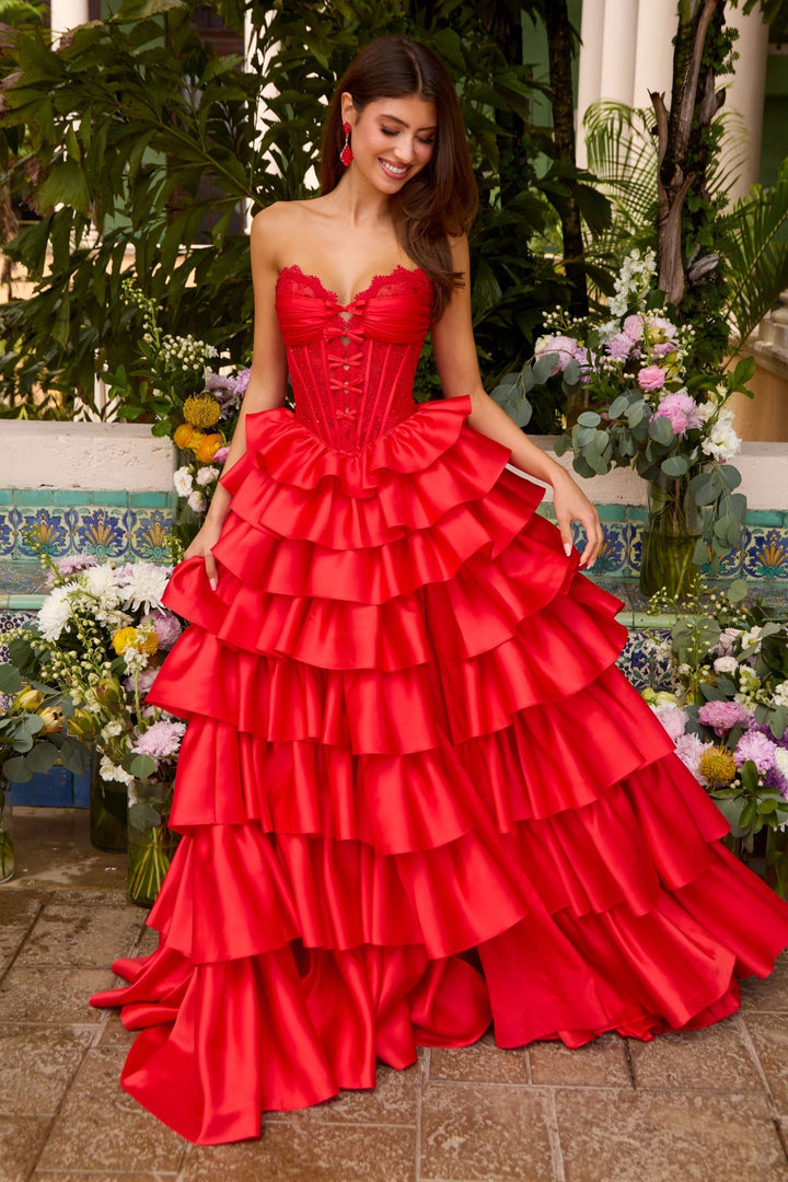 Ava Presley 47372 lace corset ruffle ball gown front view 5
