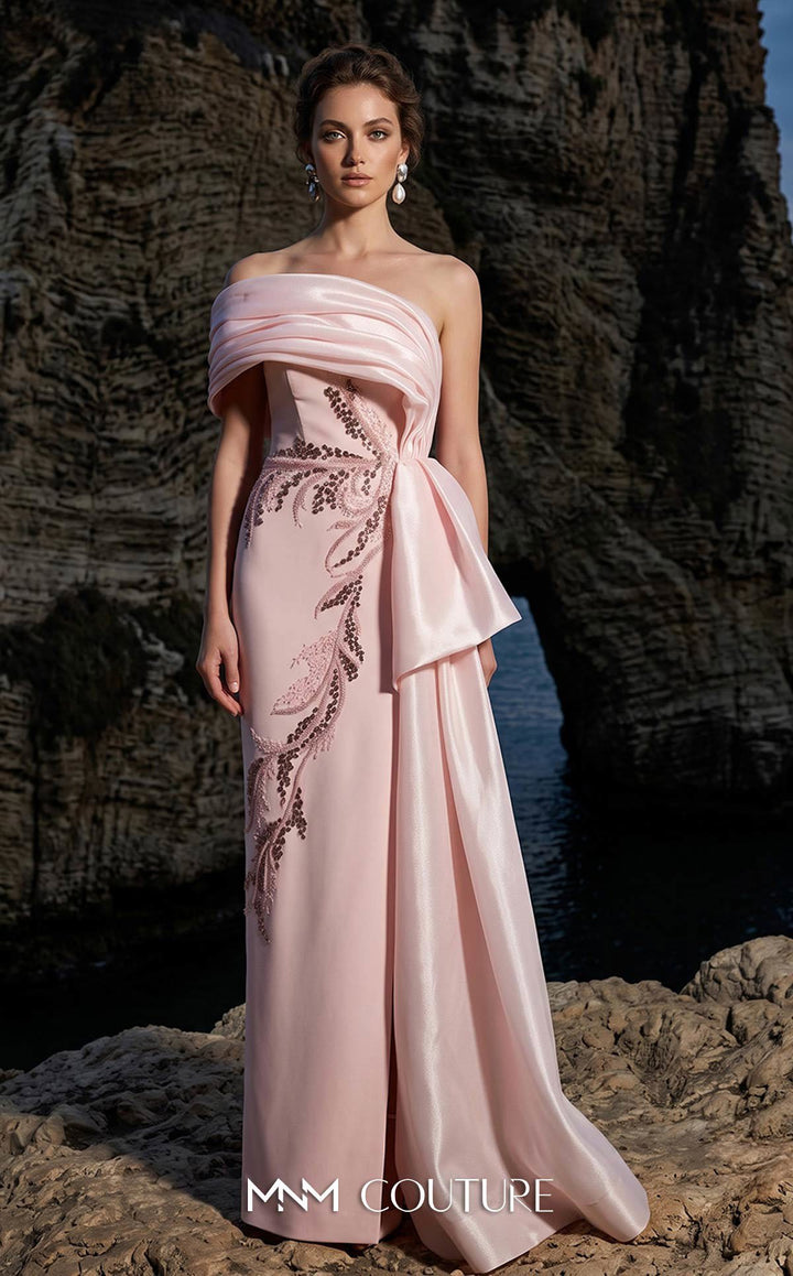 MNM Couture B1126 Off-Shoulder Draped Embroidered Gown