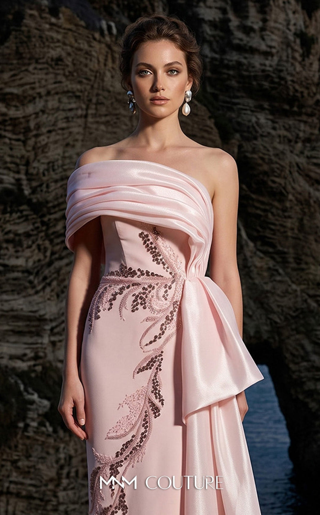 MNM Couture B1126 Off-Shoulder Draped Embroidered Gown