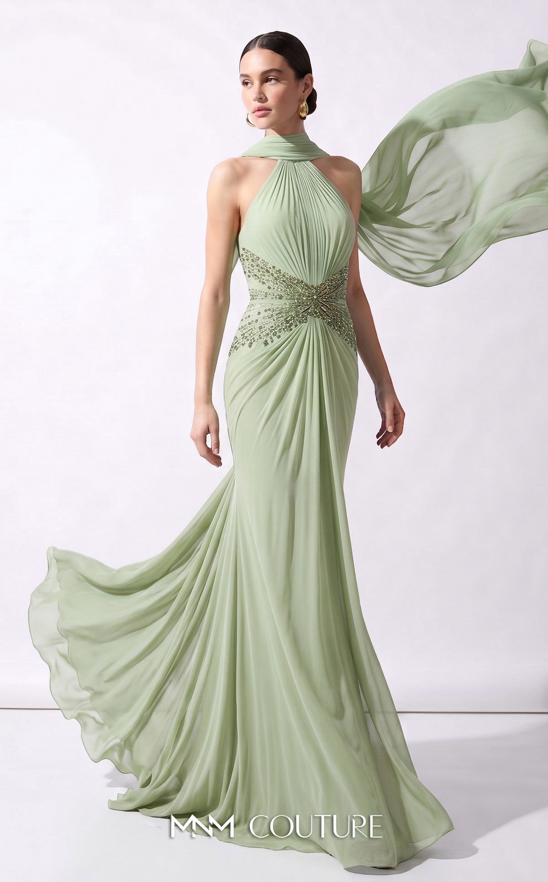 MNM Couture B1240 gown, front view with streamer panel