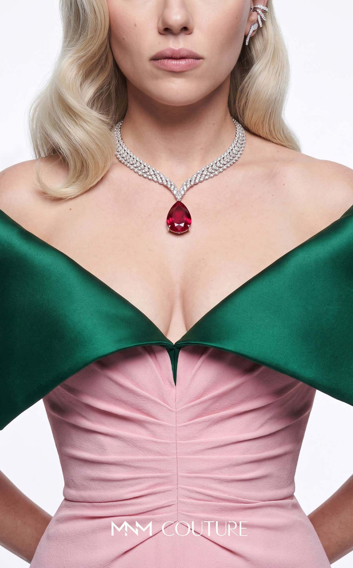 MNM Couture B1245 evening gown, portrait collar and ruched bodice detail