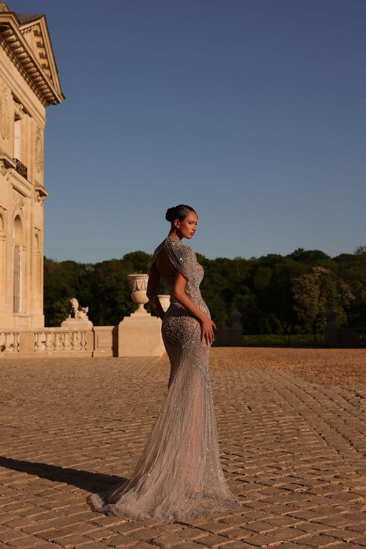 Chic & Holland HF110677 Cape Sleeve Beaded Couture Dress