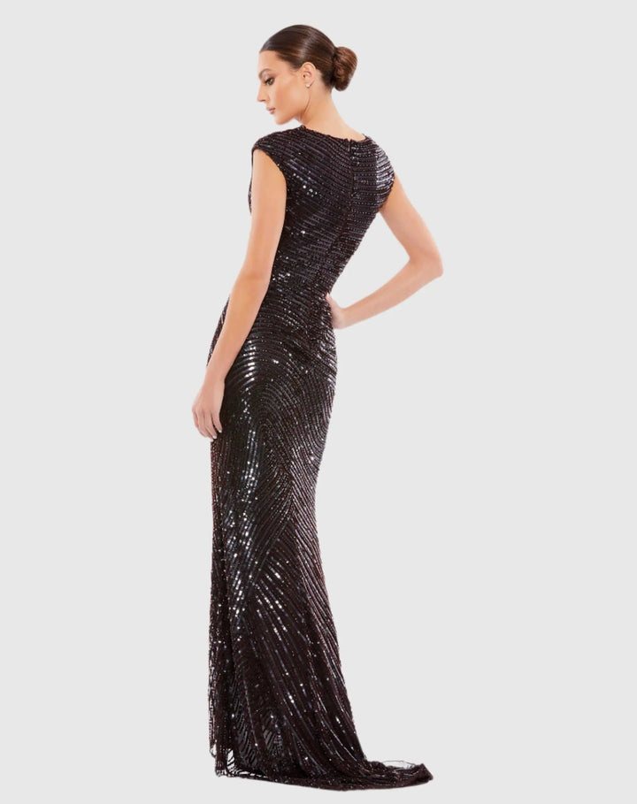 Mac Duggal 5441 Brown Embellished Cap Sleeve Evening Gown