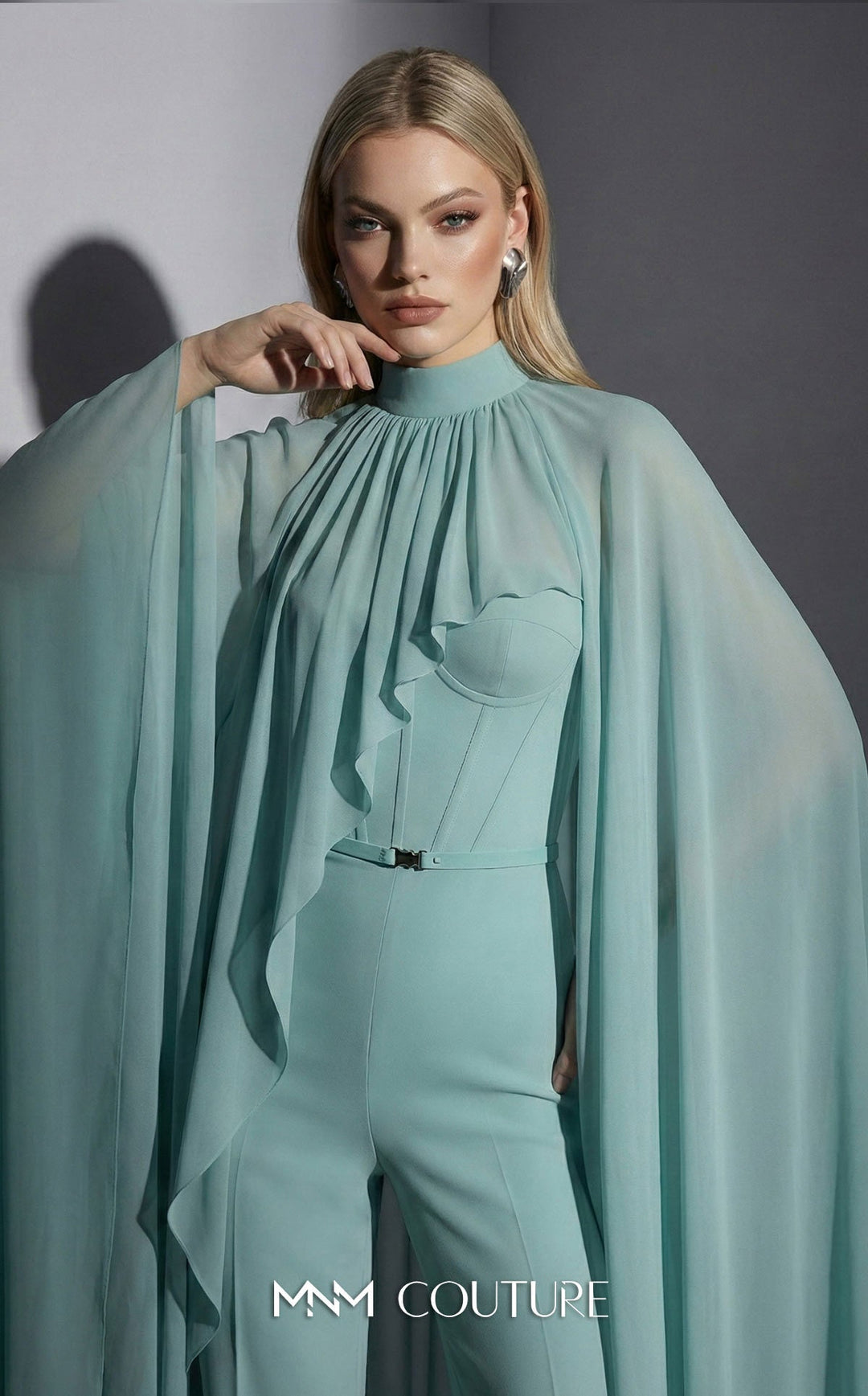 MNM Couture Style E0143 Sophisticated Chiffon High-Neck Cape Jumpsuit - FOSTANI.com