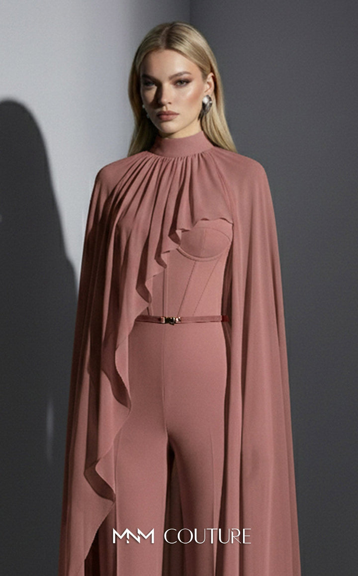 MNM Couture Style E0143 Sophisticated Chiffon High-Neck Cape Jumpsuit - FOSTANI.com