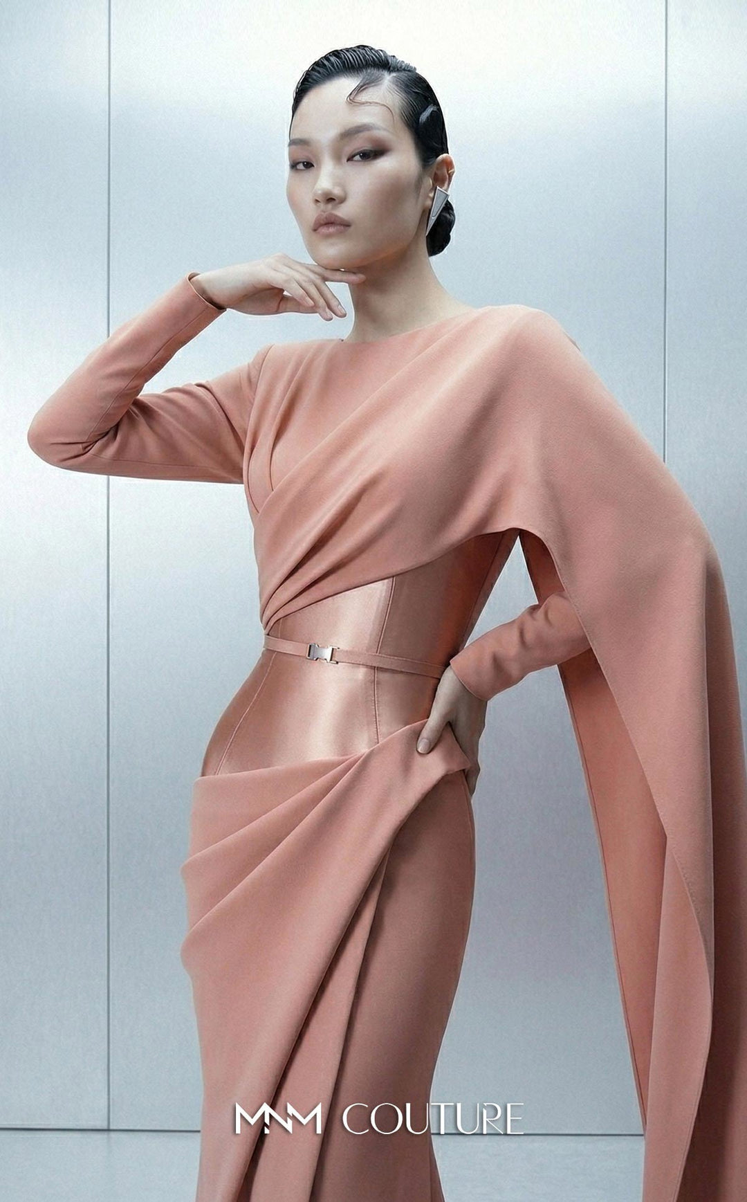 MNM Couture Style E0166 Exclusive Asymmetrical Close-Neck Crepe Gown - FOSTANI.com