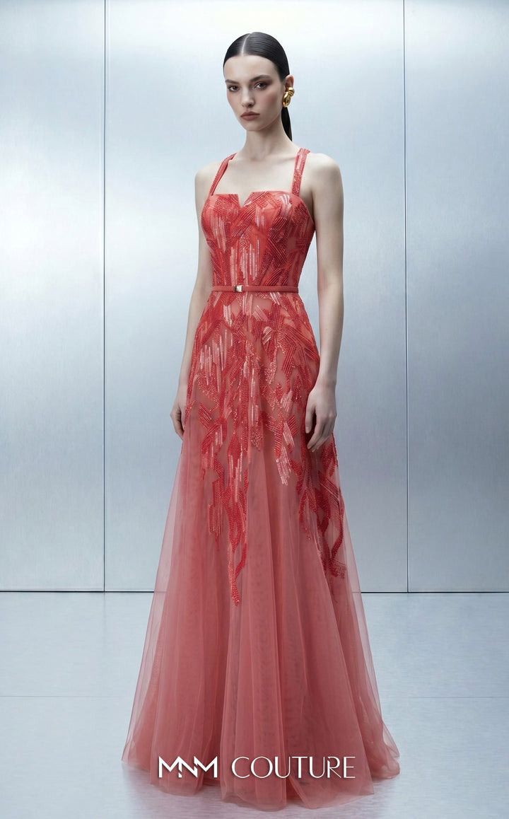 MNM Couture E0171 gown, front view with cape