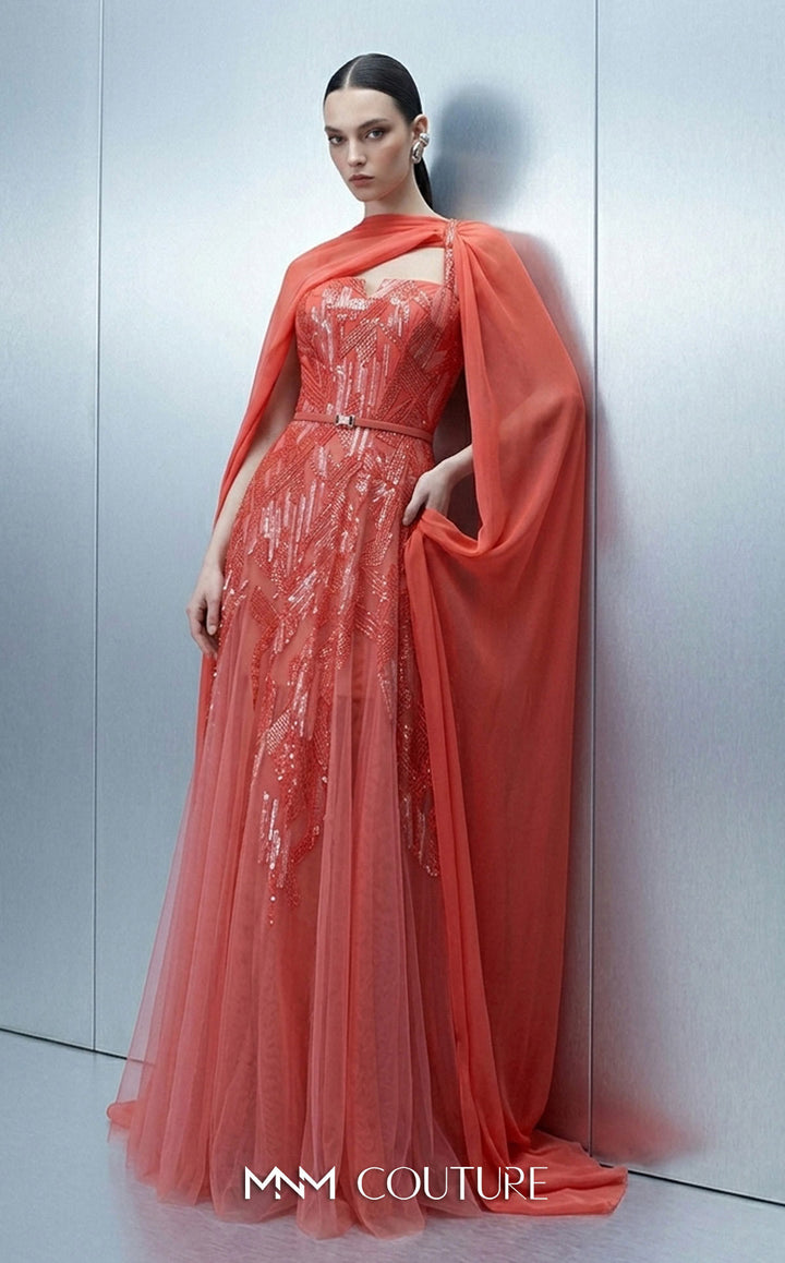 MNM Couture E0171 gown, front view without cape