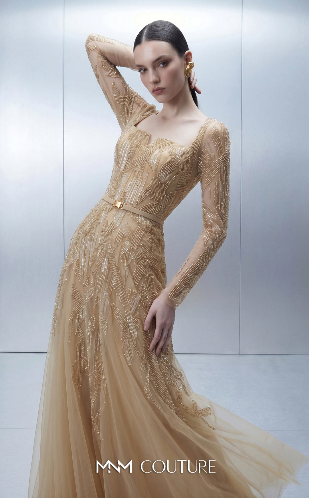 MNM Couture E0178 gown, three-quarter front view