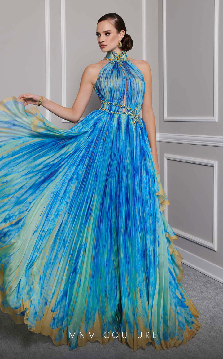 Fouad Sarkis F02822 High Halter Keyhole Pleated A-Line Evening Gown
